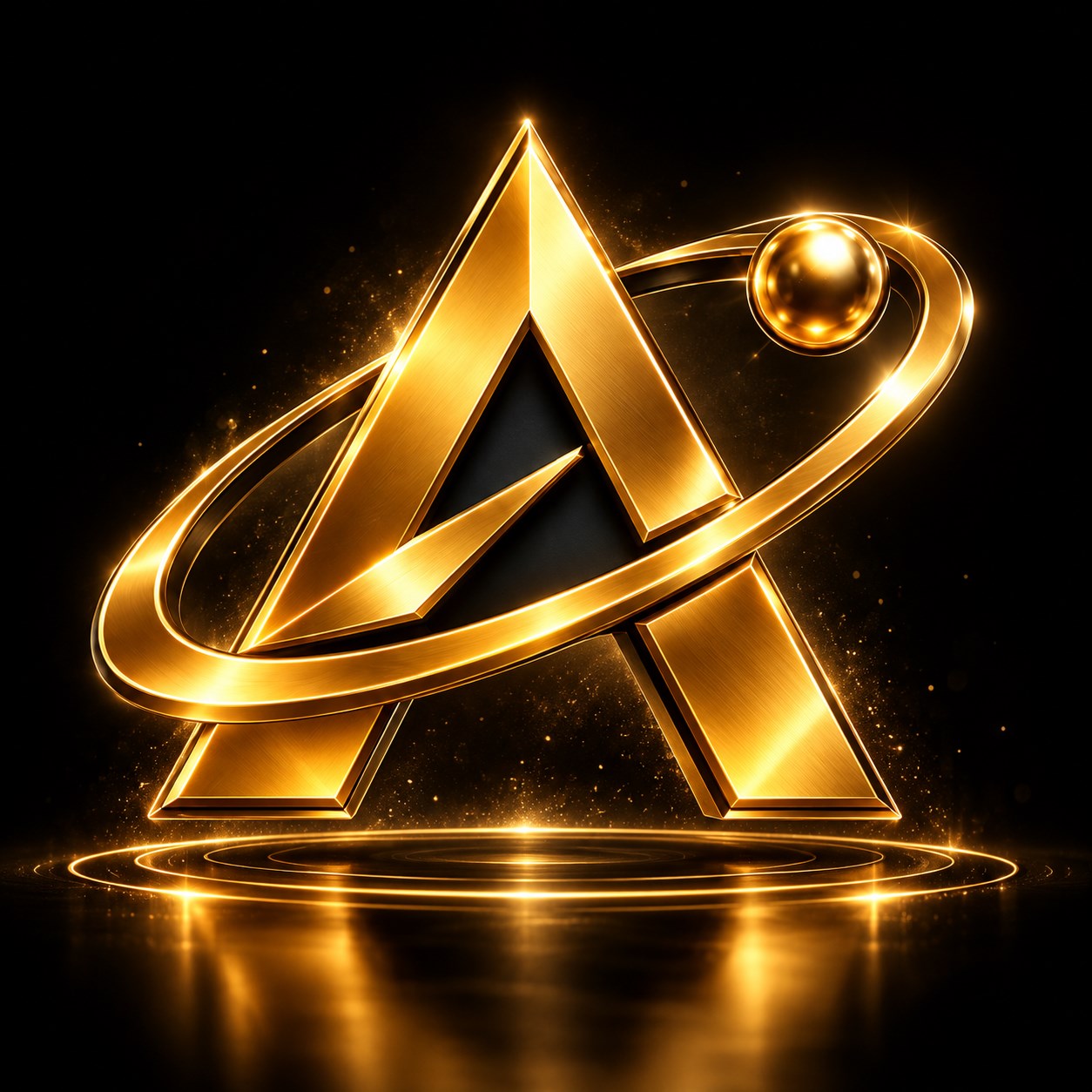 A sculptural golden Theatonmai A suspended inside a luminous orbital ring